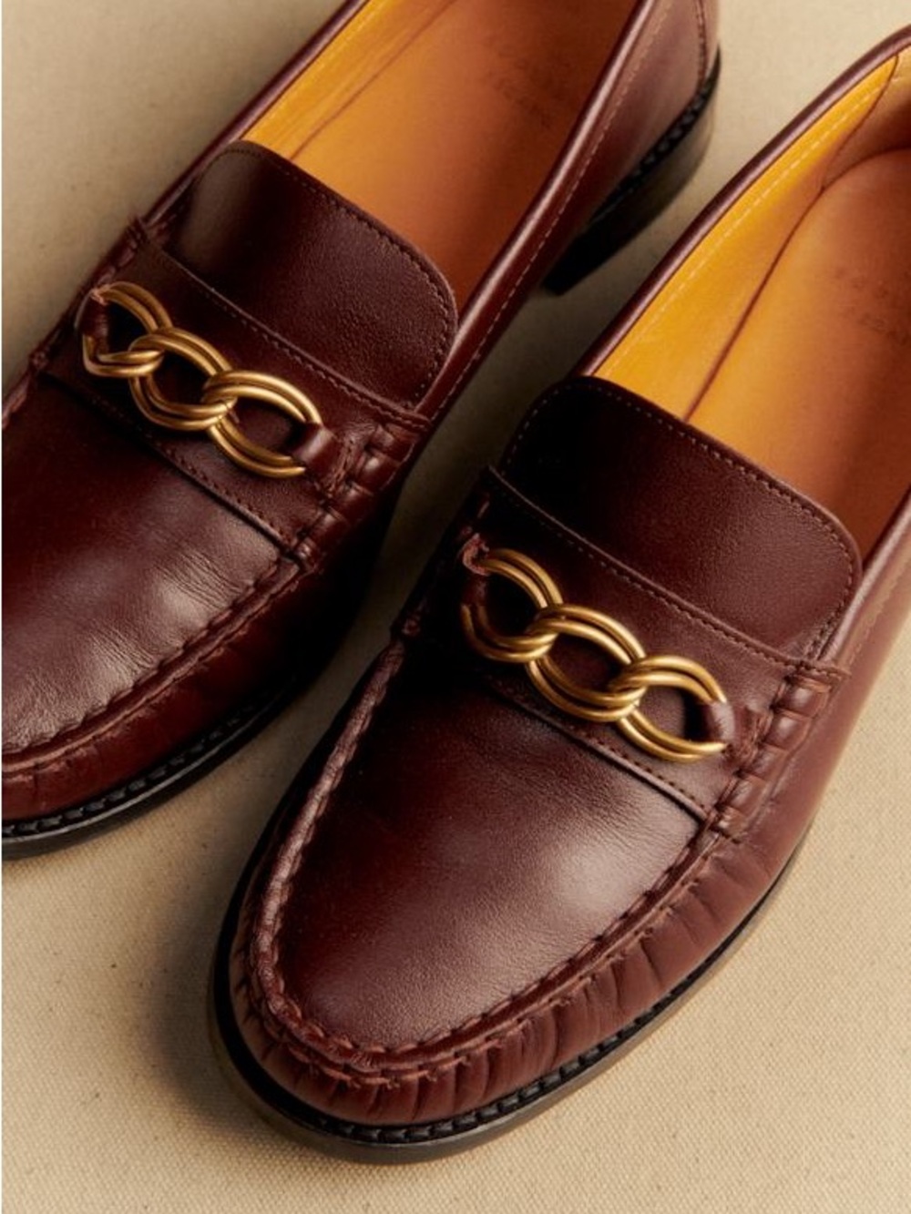 Sézane Smooth Chocolate Brown Leather Chain-Trim Vicky Loafers